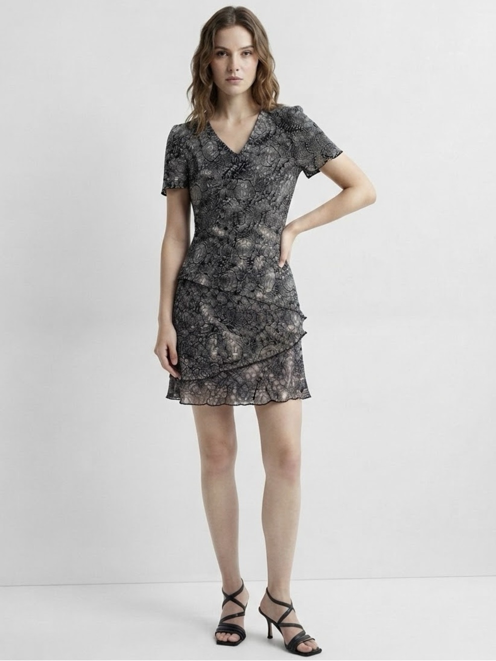 Studio Connection Black & White Printed Ruffle Hem Dress